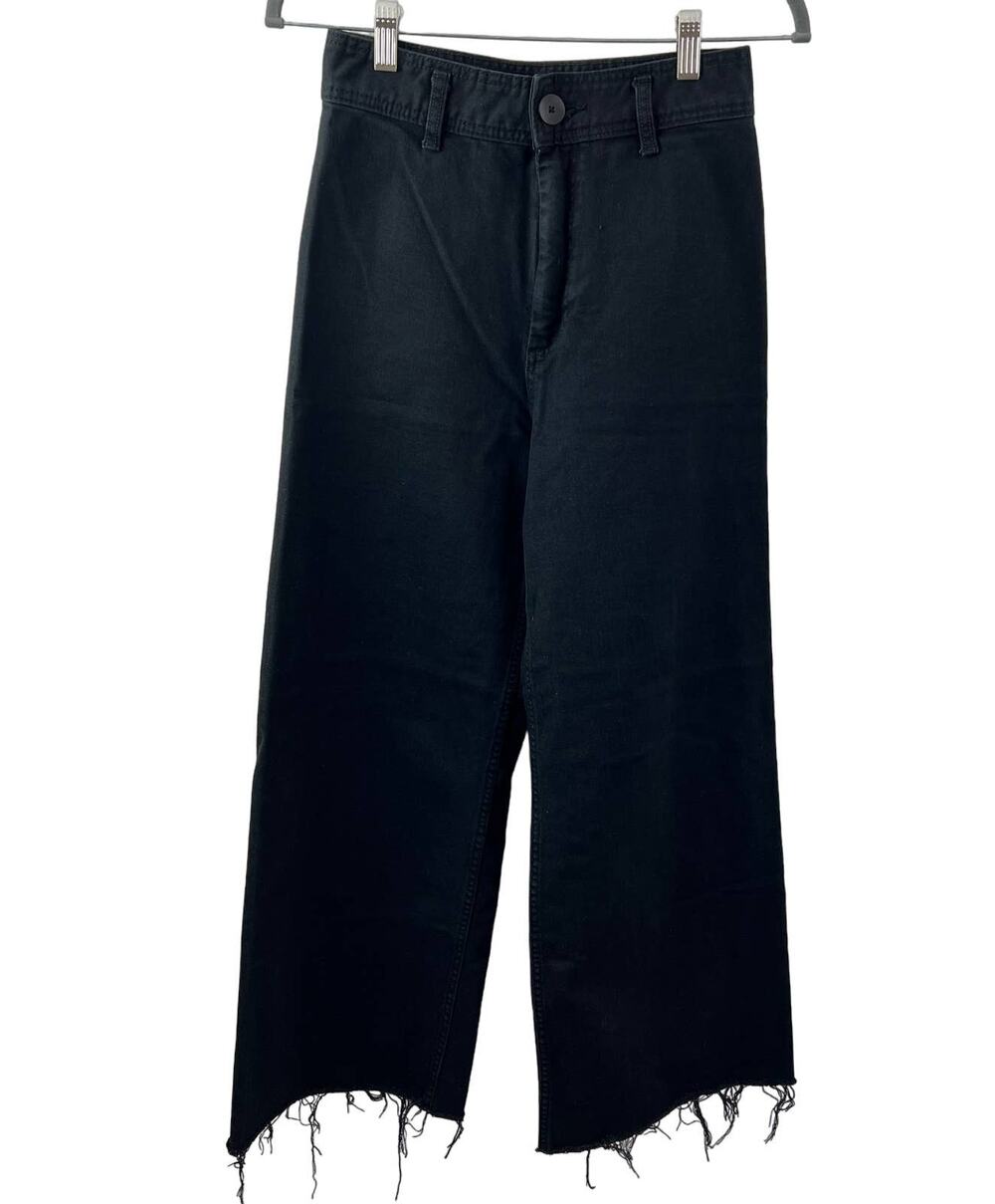 ZARA Black 36 Frayed Hem Denim Jeans Stretch High Rise Wide Leg Regular Fit